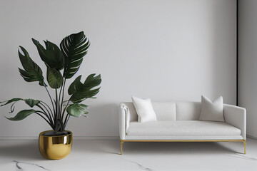 white living room with monstera plants
