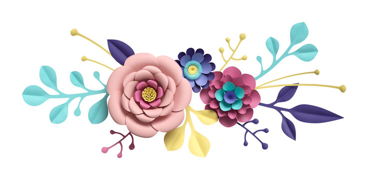 Paper craft flower bouquet. 3d illustration botanical clip art