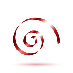 Decorative red curling ribbon element. Christmas, New year, Birthday, Valentine's, Wedding, Holiday or Event decoration.  Isolated on white background with shadow. Realistic vector illustration.