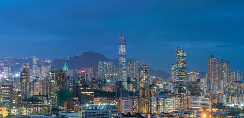 Panorama of skyline of Hong Kong city at dusk
