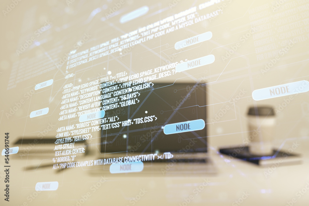 Aufkleber multi exposure of abstract software development hologram on laptop background, research and analytic