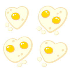 Fried eggs in the form of heart doodle collection. Perfect romantic print for tee, sticker, poster. Hand drawn isolated vector illustration for decor and design.