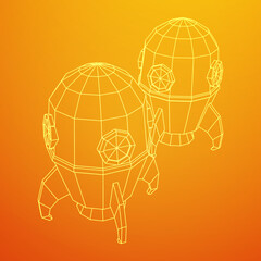 Space Rocket Ship. Wireframe low poly mesh vector illustration.