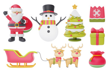 Christmas and New Year decorations collection. Set of 3d ornaments for christmas design isolated on white background.  3d rendering.