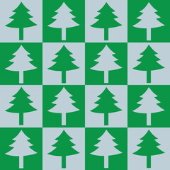 Fototapeta premium Christmas tree on white and green checkerboards seamless pattern. For gift wrap, stationary and fabric 