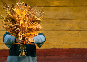 A bouquet of different shades of fern in female hands against the background of an old wooden house on a sunny day in autumn