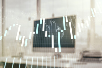 Multi exposure of abstract financial diagram on computer background, banking and accounting concept