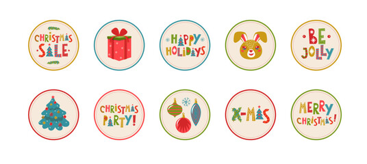 Set of round Christmas stickers. Christmas labels and stickers to decorate gifts for the winter holidays.