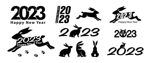  2023 Happy New Year black logo text design with rabbit. 20 23 number design template. 