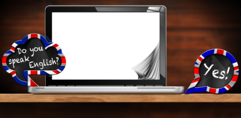 English language lesson. 3D illustration of two speech bubbles with Uk flags, and question Do you speak English? and Yes! And a modern laptop computer with blank screen (white or transparent), png.