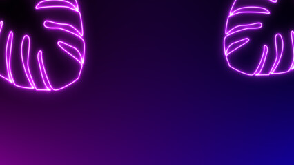Neon tropical abstract background. Glowing leaf of a monstera plant on a dark background.