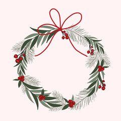Christmas wreath with bells and ribbon, new year, 2023, vector hand drawn 