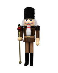3D rendering of a Nutcracker wooden toy soldier statue isolated on a transparent background.