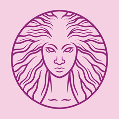 Beautiful Girl Curly Hair illustration Monoline Vector Logo, Beauty Women vintage badge, creative emblem Design For Tshirt