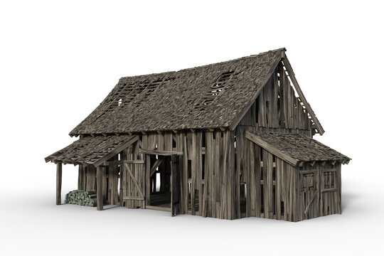 3D rendering of an old abandoned wooden barn with holes in the roof and walls isolated on a transparent background.