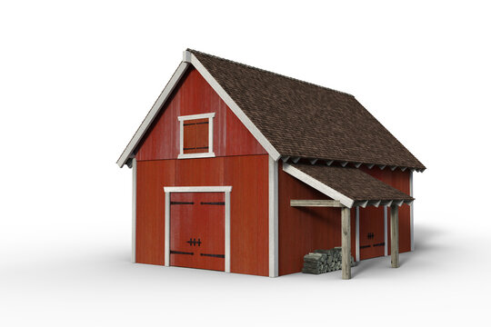 3D rendering of a red wooden barn isolated on a transparent background.