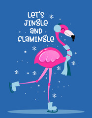 Let's jingle and flamingle - Calligraphy phrase for Christmas with cute flamingo girl. Hand drawn lettering for Xmas greetings cards, invitations. Good for t-shirt, mug, scrap booking, gift. © Zsuzsanna