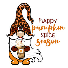 Happy Pumpkin spice season - Thanksgiving gnome with coffee. Nordic magic dwarf. Cute holidays Elf with hat. Vector illustration for Harvest, Thanksgiving or Halloween. I love Fall day.