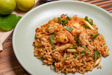 Fried rice with tom yum goong in a plate