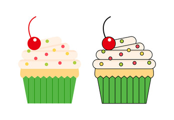 Sweet cupcake dessert illustration for sale in the bakery. Food eaten at birthdays and parties.