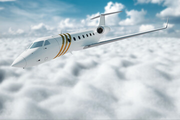 White private business jet flying in the sky, fluffy clouds. Business flights, private jet, luxury life, corporate travel, luxury travel. 3D illustration, 3D render.