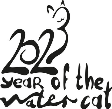 lettering happy new year of the water cat and kitty of numbers 2023 in hand draw style. Lunar zodiac symbol of Year of cat. Chinese New Year 2023 Christmas logo. Vector illustration