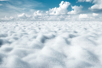 white fluffy clouds in sky horizon, creative background. 3D illustration, 3D render.