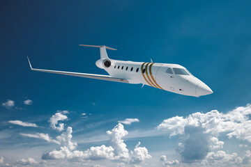 Naklejka na ściany i meble White private business jet flying in the sky, fluffy clouds. Business flights, private jet, luxury life, corporate travel, luxury travel. 3D illustration, 3D render.