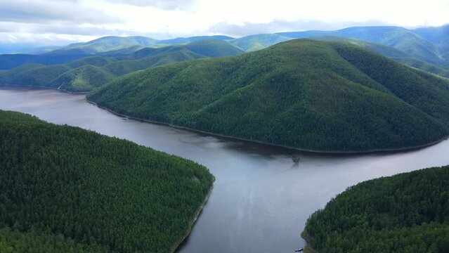 View from above. Zeya Nature Reserve in summer. A large river flows into a large lake surrounded by a green forest growing on the hills.