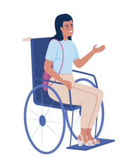 Woman in wheelchair semi flat color vector character. Injury consequences. Editable figure. Full body person on white. Inclusion simple cartoon style illustration for web graphic design and animation