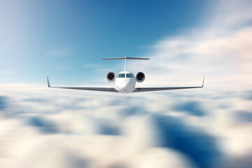 White private business jet flying in the sky, fluffy clouds. Business flights, private jet, luxury life, corporate travel, luxury travel. 3D illustration, 3D render.