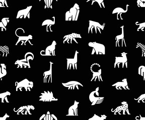Seamless pattern with Animals logos. Animal logo set. Isolated on Black background