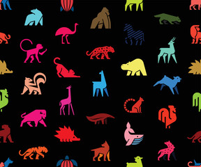 Seamless pattern with Animals logos. Animal logo set. Isolated on Black background