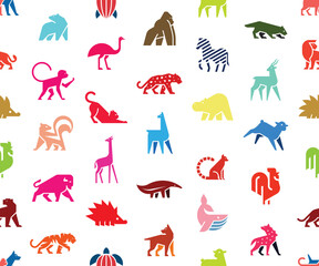 Seamless pattern with Animals logos. Animal logo set. Isolated on White background