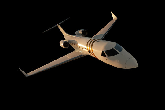 Photorealistic rendering of a business jet, aircraft on a black background, isolate. The concept of business flights, private jet, luxury life, corporate business trips. 3D illustration, 3D render.