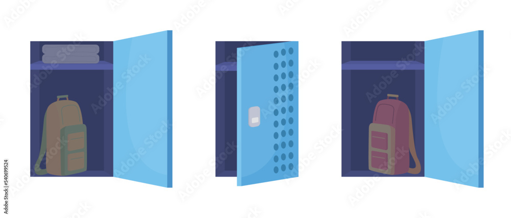 Poster school lockers semi flat color vector objects set. editable elements. full sized items on white. sto