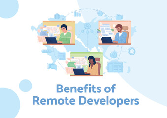 Remote developers benefits flat vector banner template. Hiring freelance workers advantages poster, leaflet printable color designs. Editable flyer page with text space. Palanquin Dark font used