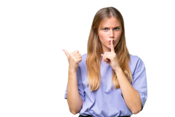 Young beautiful woman over isolated background pointing to the side and doing silence gesture