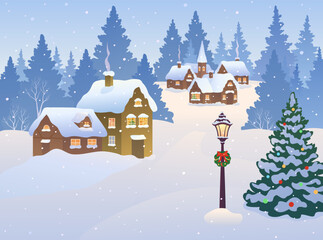Vector illustration of a snowy scene in a small Christmas town, snow covered landscape
