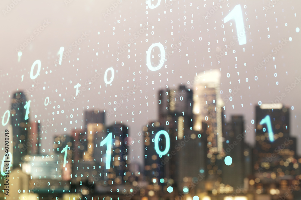 Aufkleber Double exposure of abstract virtual binary code hologram on blurry cityscape background. Database and programming concept