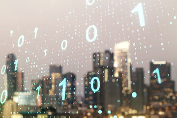 Double exposure of abstract virtual binary code hologram on blurry cityscape background. Database and programming concept
