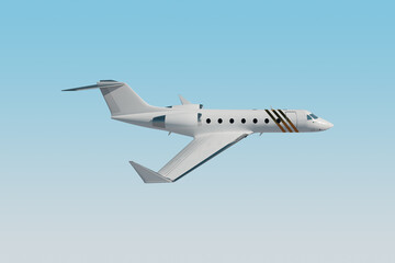 Fototapeta na wymiar White private business jet flying in the sky, fluffy clouds. Business flights, private jet, luxury life, corporate travel, luxury travel. 3D illustration, 3D render.