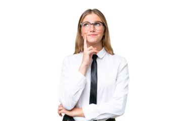 Young business caucasian woman over isolated background thinking an idea while looking up