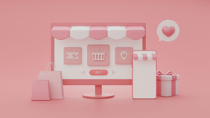 Online shopping concept. smartphone with white screen, Computer, Shopping bag, Shopping store, gift box, heart icon, on pink background. 3d render illustration 