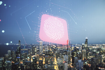 Multi exposure of virtual fingerprint scan interface on Chicago office buildings background, digital access concept
