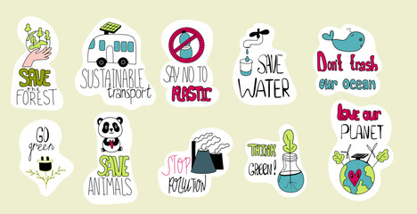 Set of eco stickers with text. Ecological doodle illustration for sustainable transport
