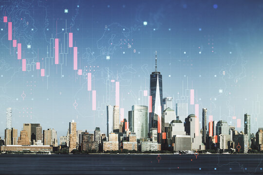 Abstract virtual global crisis chart and world map sketch on Manhattan office buildings background, falling markets and collapse of global economy concept. Double exposure