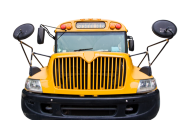 Front of a yellow american school bus isolated on transparent background