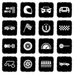Car Racing Icons. Grunge Black Flat Design. Vector Illustration.