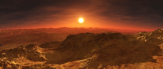 Obraz na płótnie Canvas Martian landscape, sunset on Mars, Mars at sunrise, panorama of Mars, the face of Mars, 3D rendering